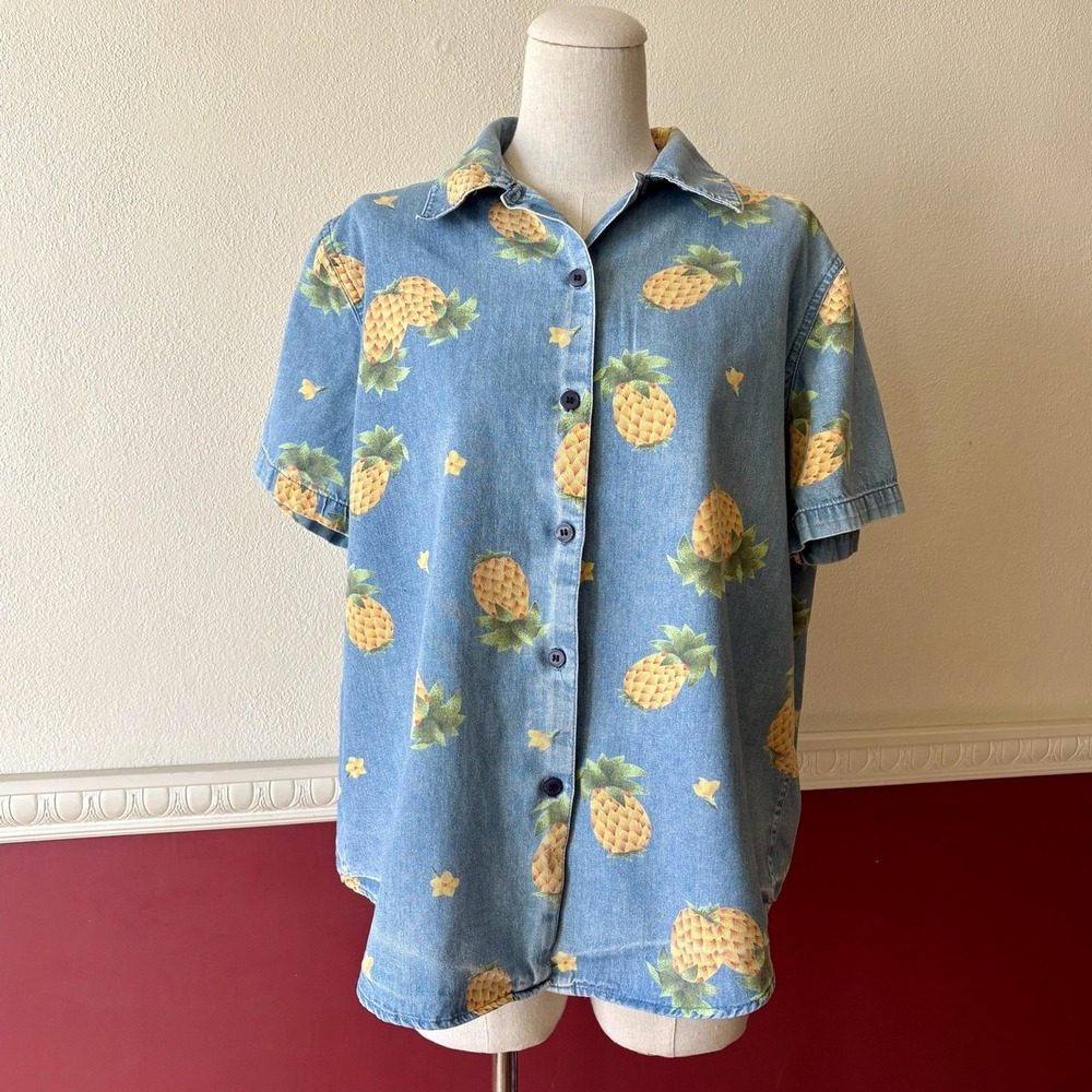 Vintage 90s Lemon Grass quirky‎ pineapple print 100% cotton denim shirt